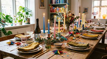 Nytårsbord stillet frem på et dækket bord