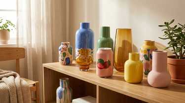 Farverige keramik- og glasvaser i forskellige højder på en hylde
