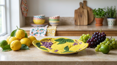 Gult frugtfad i keramik med citron- og vindruemotiv på et køkkenbord med friske citroner