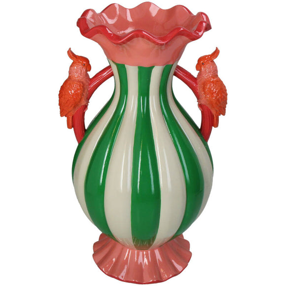 Stribet vase med papegøjer - pink og grøn fra Kersten